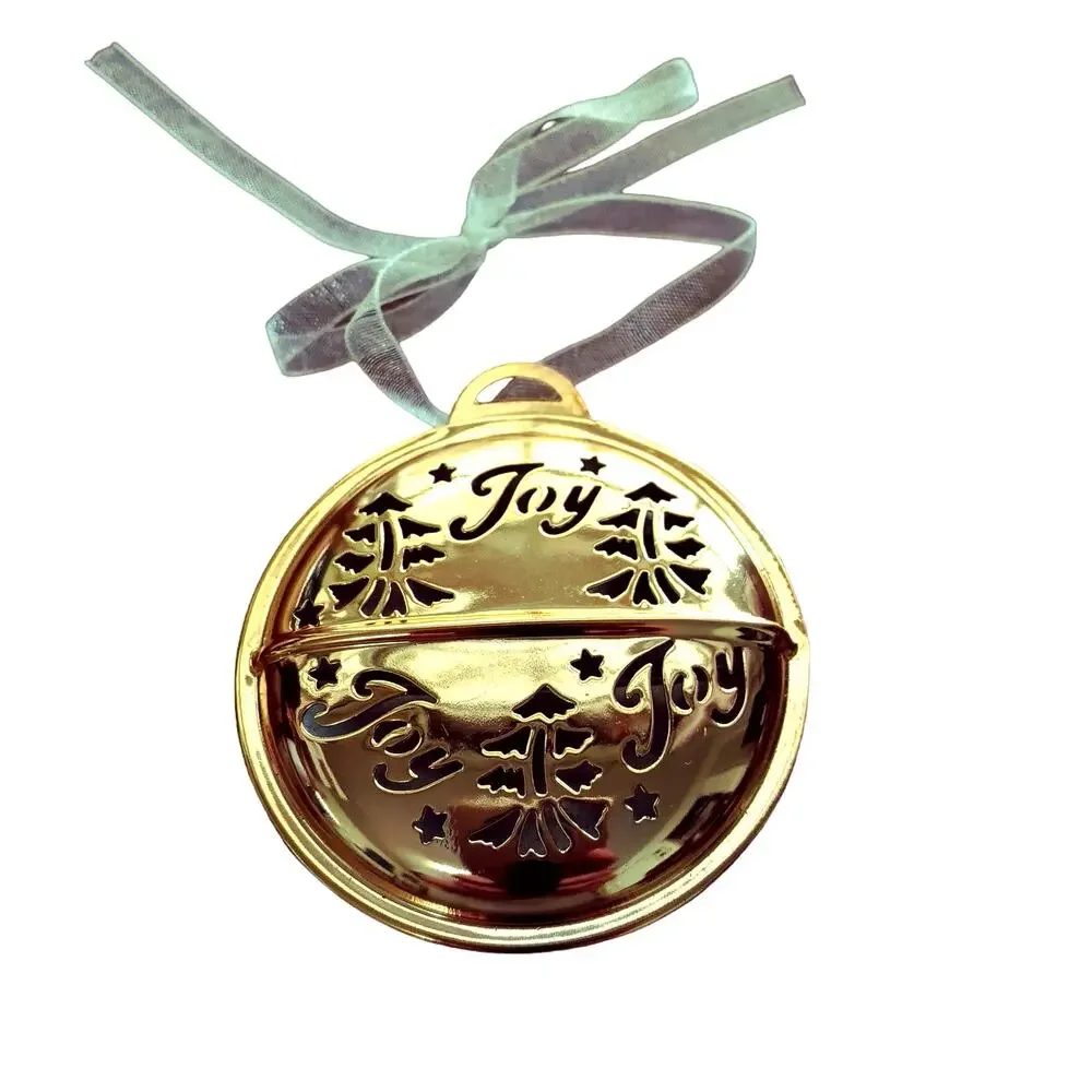👶🏼🪇🎄Gold Tone Joy Jingle Bell Baby Christmas Ornament Tree Cutout Hang Decor